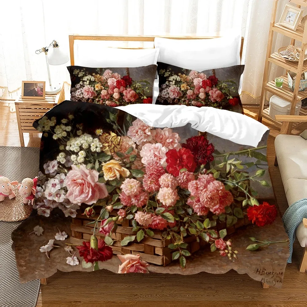 

Rose Floral Duvet Cover Blossom Flowers Sunflower Bedding Set Fruit Comforter Cover Oil Painting Bedspread Cover Full King Size