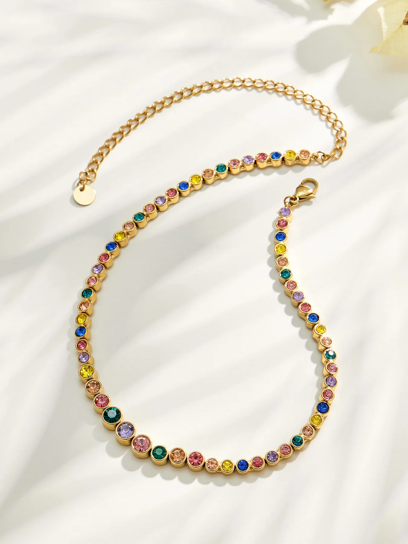 Boho Farbiger Zirkon Tennis-Schmuckset für Damen 18K Vergoldetes Edelstahl Farbverlauf Runde CZ Halskette Armband Ohrringe – Detail 17