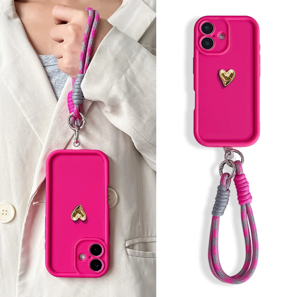 3D Love Heart Lanyard Phone Case for iPhone 16 15 14 13 12 11 Pro MAX XS Max XR 7 8 Plus Wrist Chain Hand Strap Soft TPU Cover