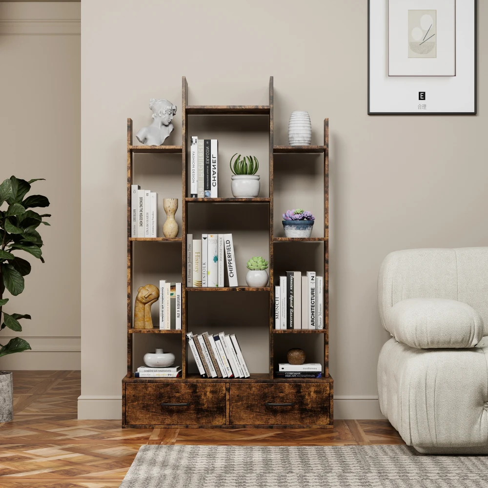 Bookshelf with 2 Drawers,Industrial Freestanding Open Display Shelving,Vintage Open Bookcase,Book Case for Bedroom, Living Room