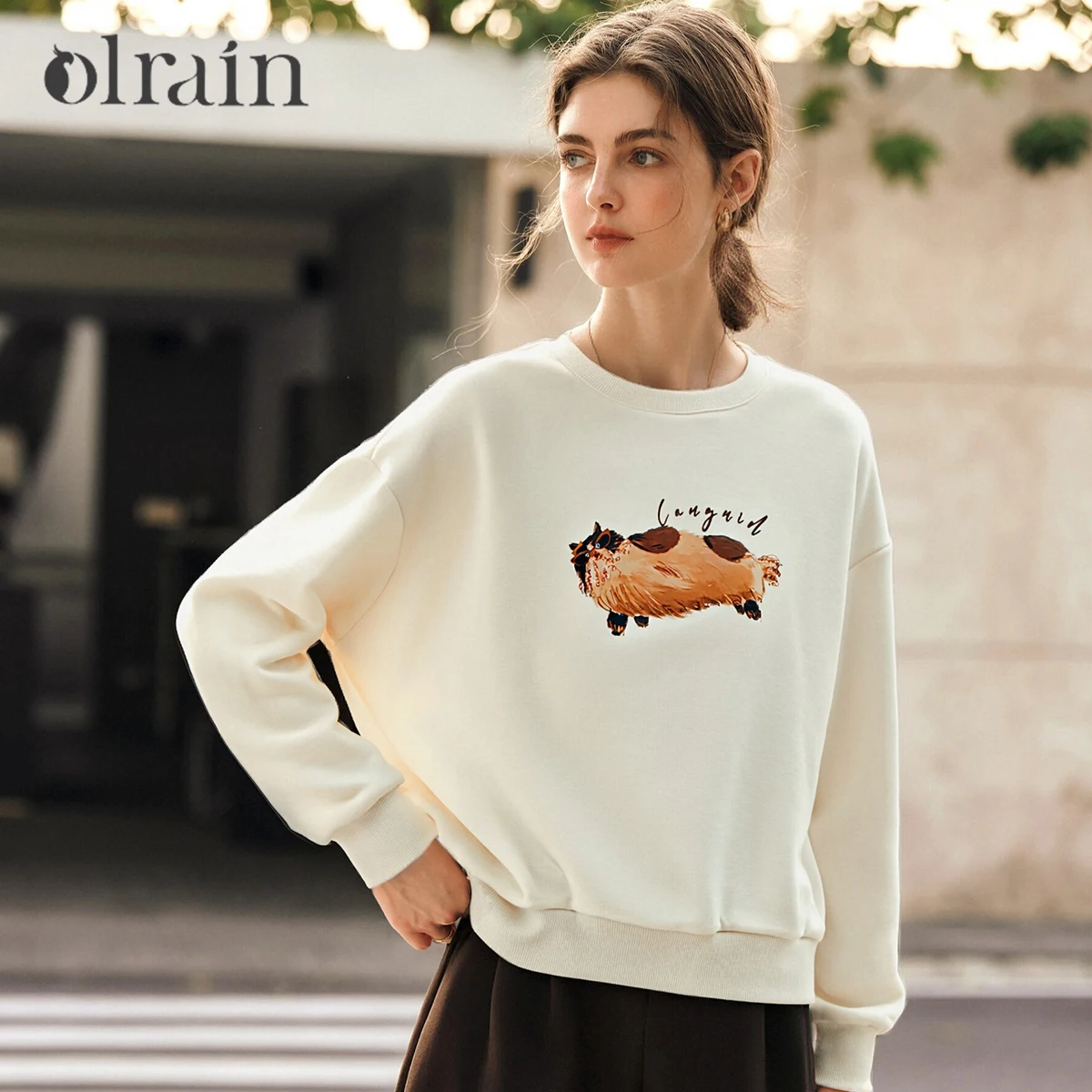 OLrain Women's Crew Neck Sweatshirt Autumn Cat Print 2026 Long Sleeve Top Loose Fit Casual Ladies Knitted Pullover O57QR000996