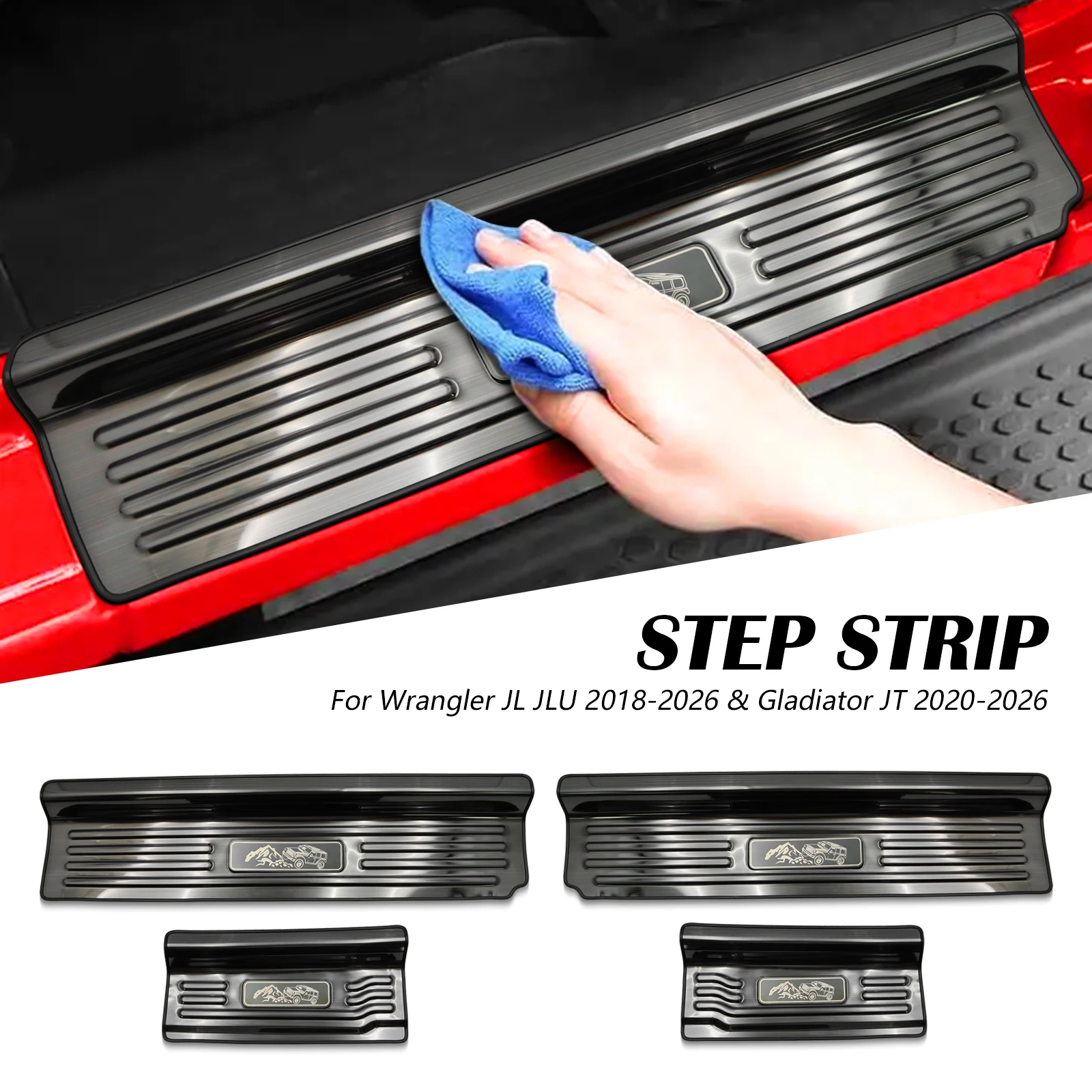 CAR Front and Rear Door Pedal Kick Guards and Sill Protectors for the 2018-2025 2026 Wrangler JLJLU and 2020–2026 Gladiator JT