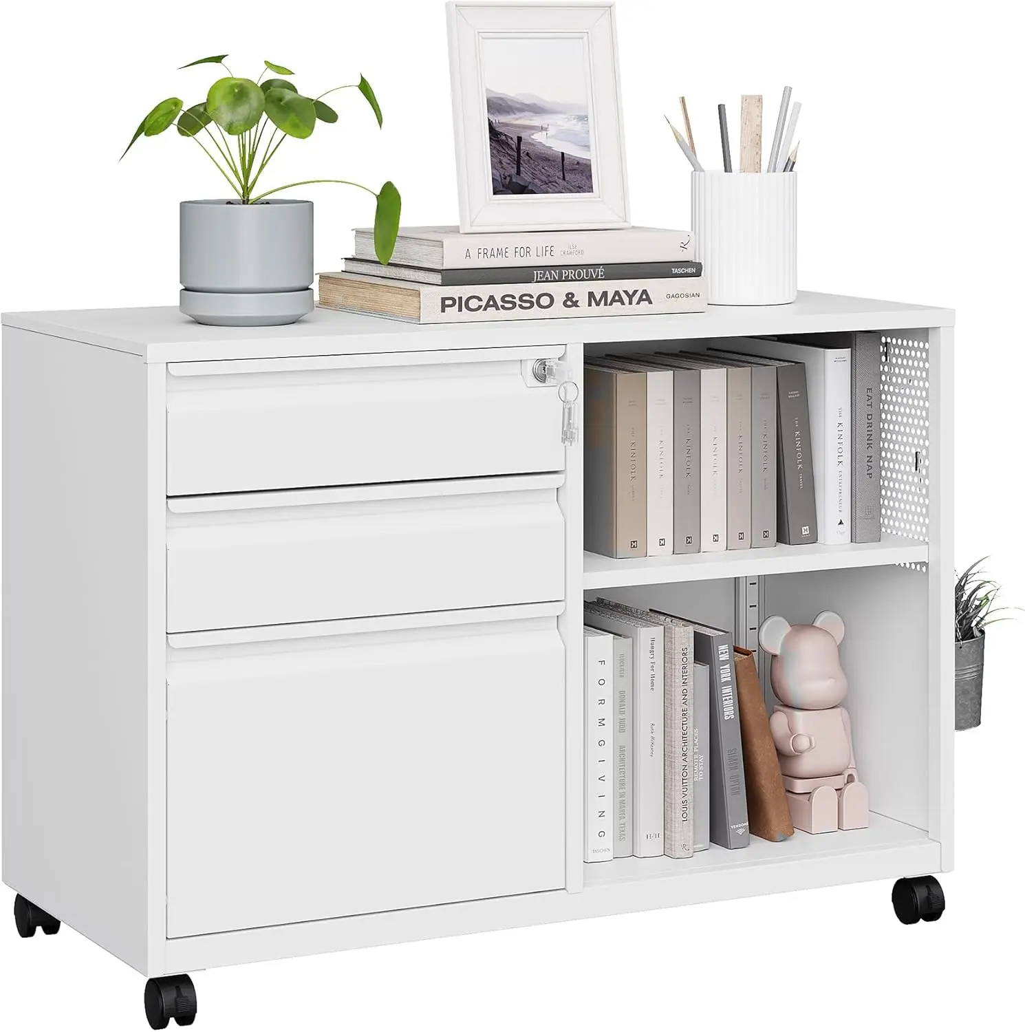 

3 Drawer, White Filing Cabinets with Shelf, Home Office Rolling File Storage Cabinet with Lock, Metal Printer Stand with Casters