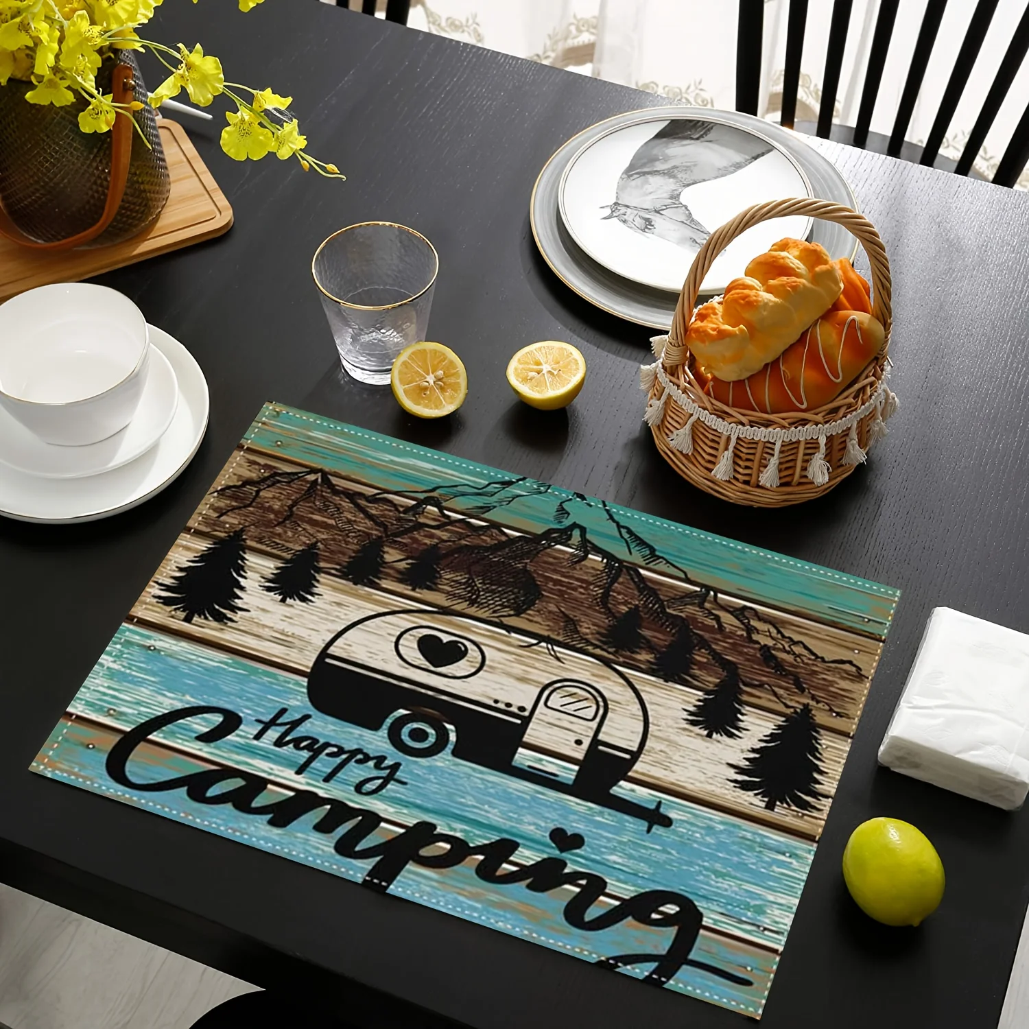 Camper Kitchen Party Table Mats Happy Camping Table Place Mats  Car Wood Grain Placemats for Dining Table