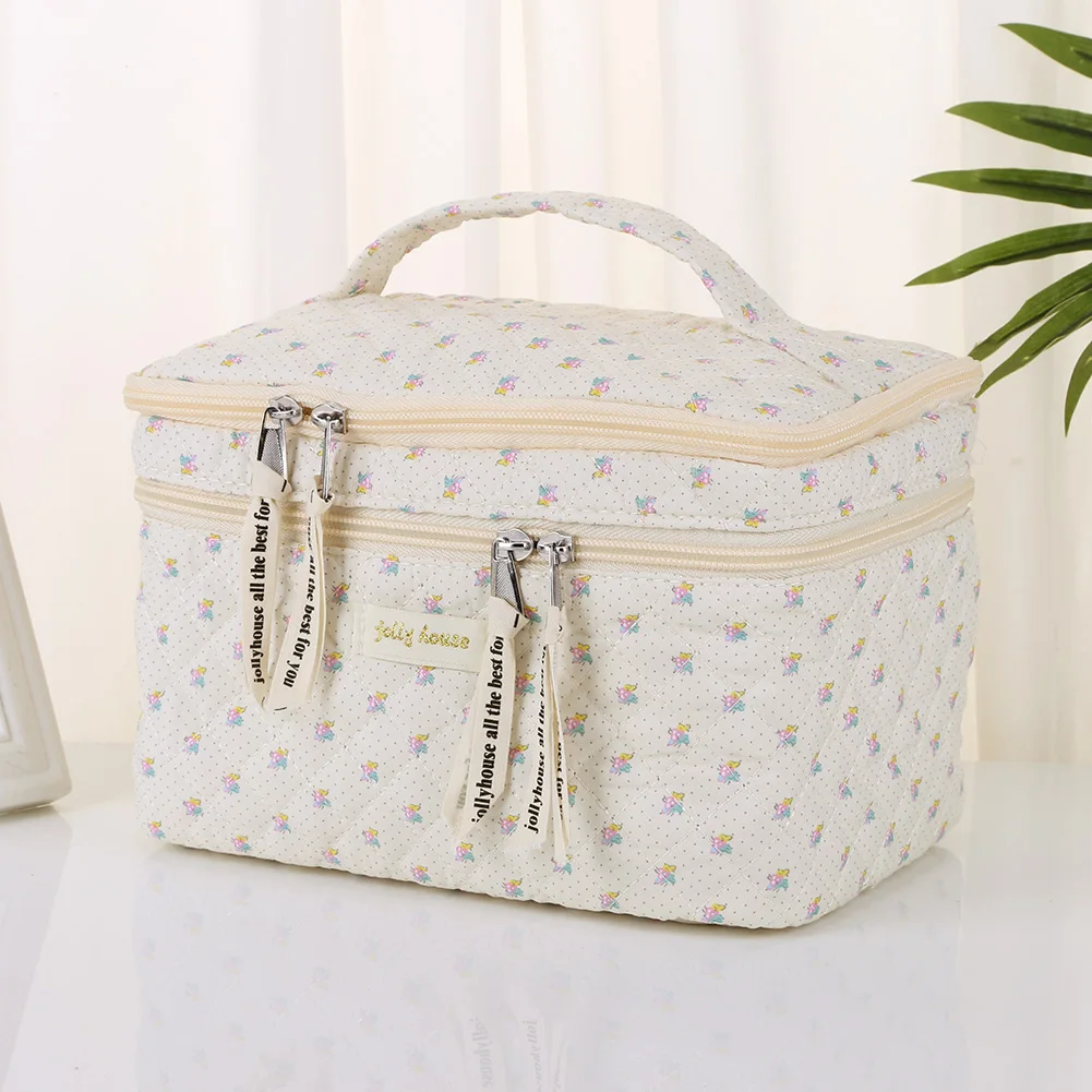 

Double Layer Toiletry Bag with Compartments Cotton Makeup Cosmetic Bag Zipper Closure Floral for Toiletries Accessories Brushes