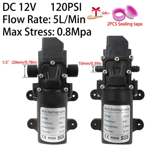 DC12V 120PSI 60W 5L/Min High Pressure Diaphragm Pump Mini Electric Self-priming Pump Water Washing Machine Pesticide Spraying