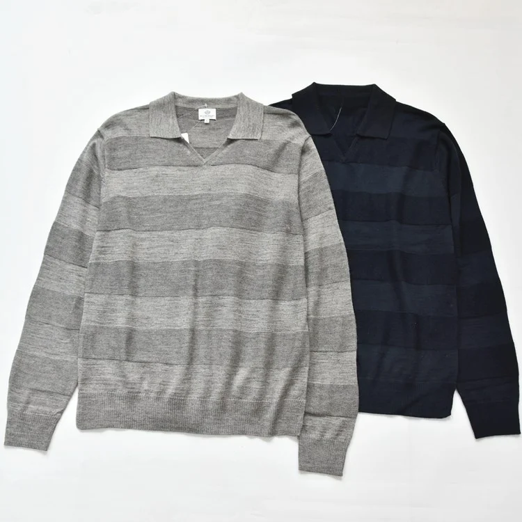 

Новый мужской шерстяной свитер с отложным воротником в полоску, тонкий, с длинными рукавами, вязаный, для весны, осени и зимы, базовый слой, теплая одежда