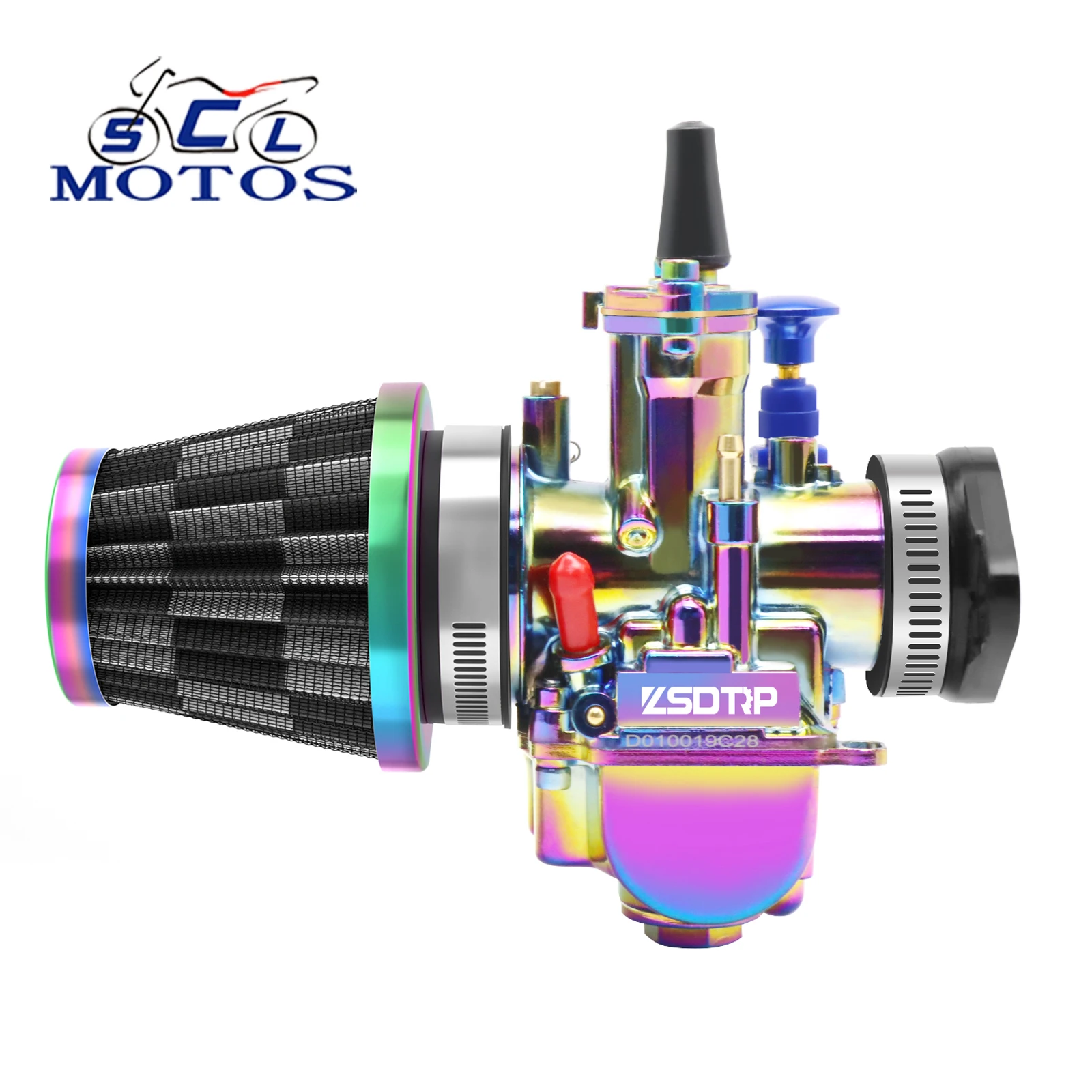Carburador Colorido Sclmotos PWK 21 24 26 28 30 32 34mm para Motocicletas de 50cc-350cc, Conjunto de Carburador de Corrida com Adaptador de Filtro de Ar