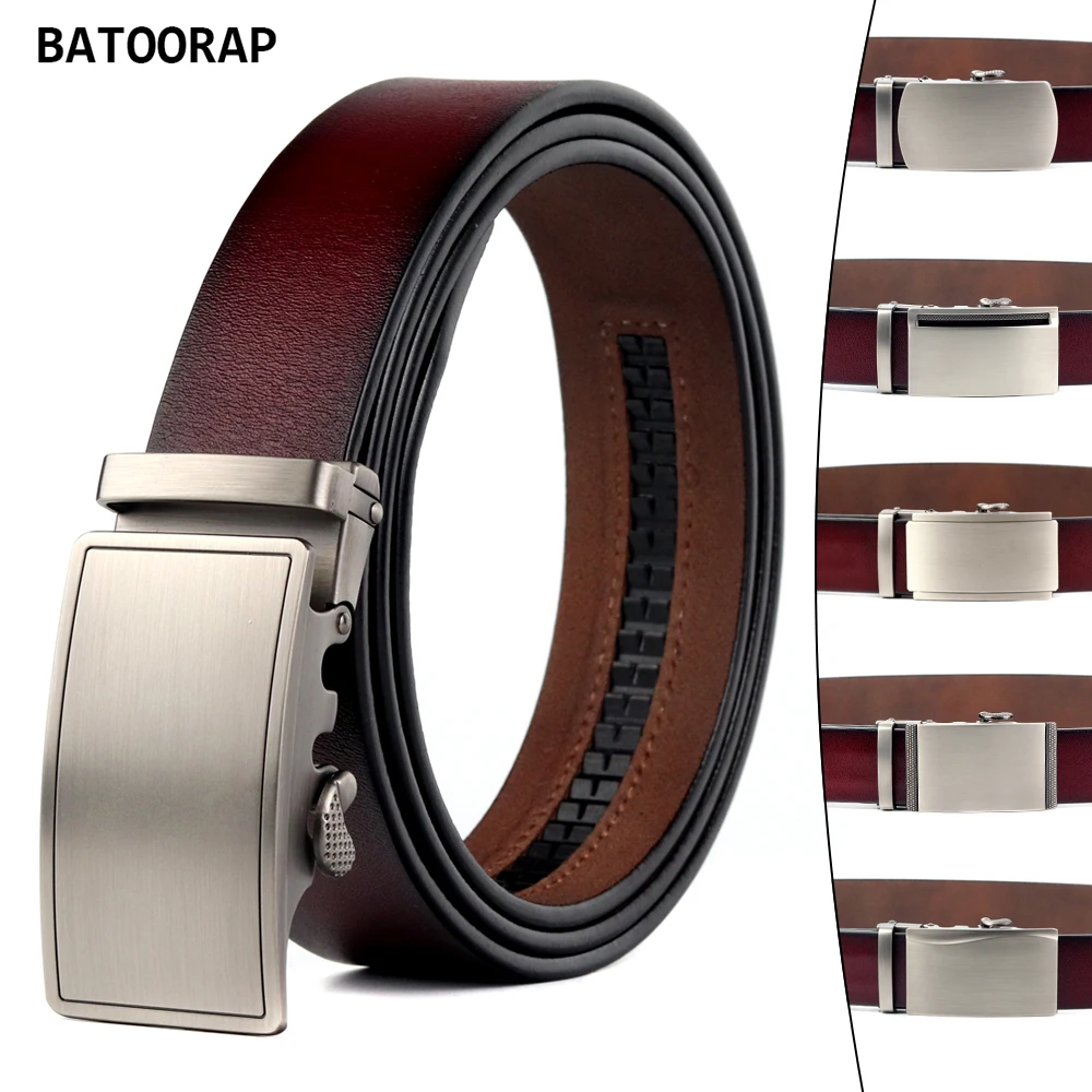 

BATOOTAP Men's Belt Genuine Leather Retro Red Gray Series Automatic Buckle Luxury Simple Designer Style