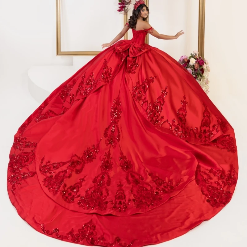 Rote glänzende Quinceanera-Kleider aus der Schulter, Pailletten-Applikation, Spitze, Perlen, Schleife, Tüll, Party, Geburtstag, süßes 16-Kleid, Vestidos 15 De