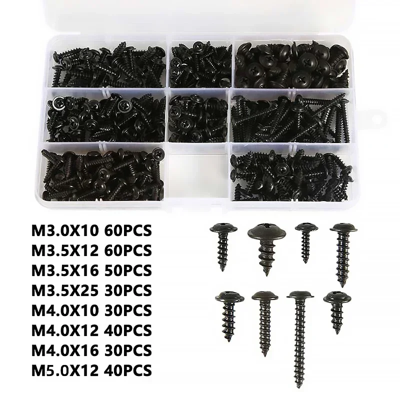 340pcs/Box M3 M3.5 M4 M5 Black Carbon Steel Self-tapping Screws Pan Head PWA Cross Round Head with Washer Cushion Assortment Kit