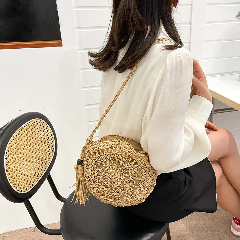 Rattan gewebte Frauen Stroh Umhängetasche kleine Clutch Geldbörse und Handtasche Sommer Strand tasche Frau Quaste Schulter Umhängetasche – Detail 9
