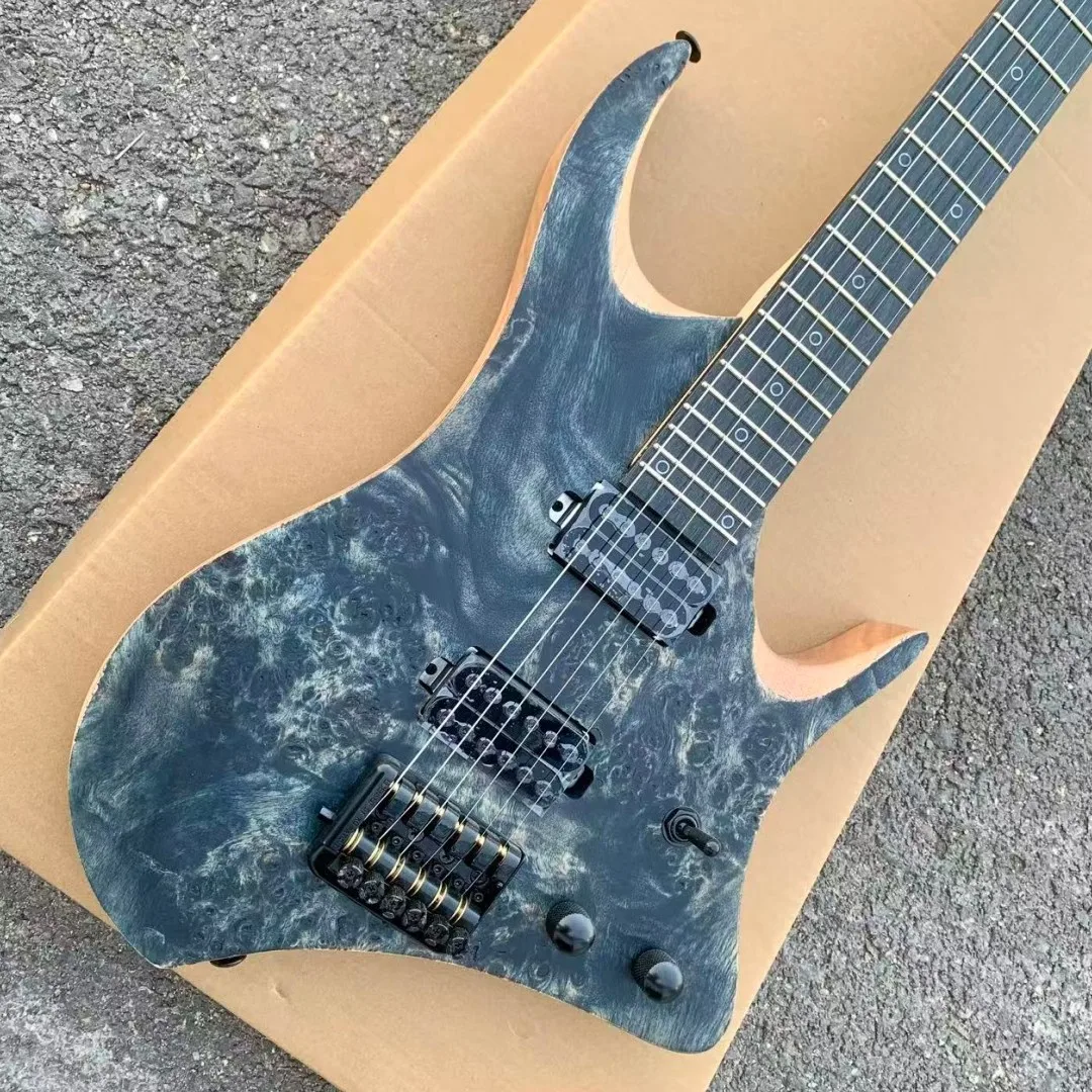 6 String Headless Electric Guitar, Dark Grey Burled Wood Top, Neck-Thru Multi-Layer Maple Neck, Dual High Output Humbuckers