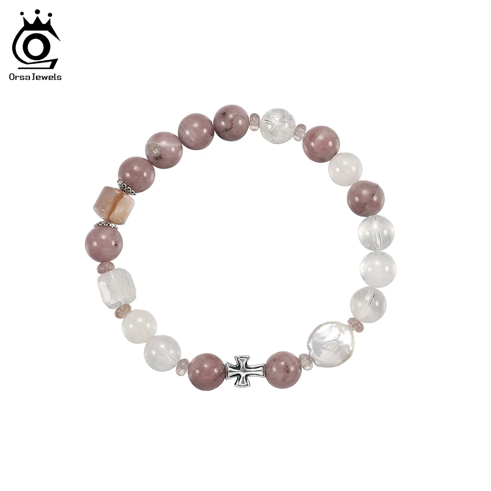 

ORSA JEWELS Natural Stone Opal Agate Beaded Bracelet S925 Silver Cross Charm Bracelet Elastic Chain Wrap Bangle Jewelry GMB96