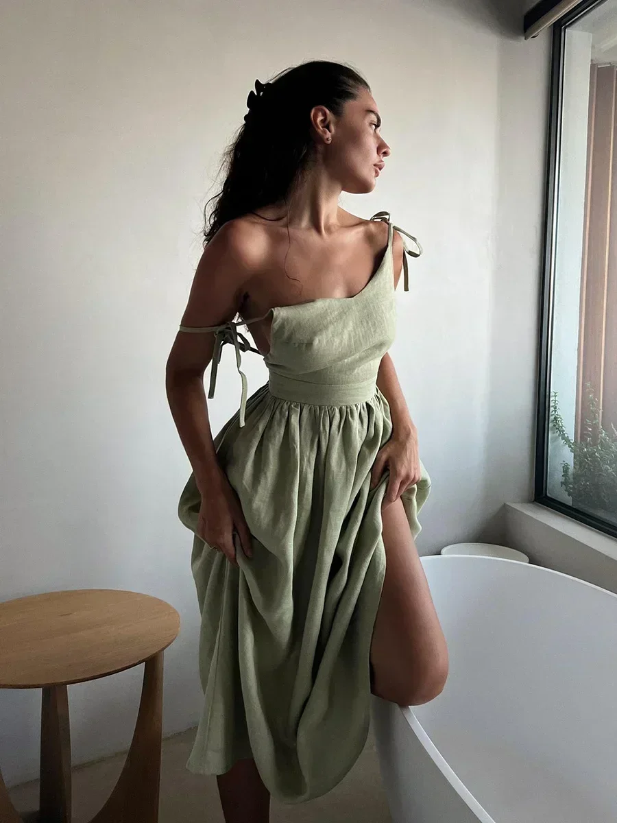 

BluWin Spring Summer Beach Style Women Dress Vintage Loose A-line Sling Dress Sexy Hot Girl 100% Cotton V-neck Dress