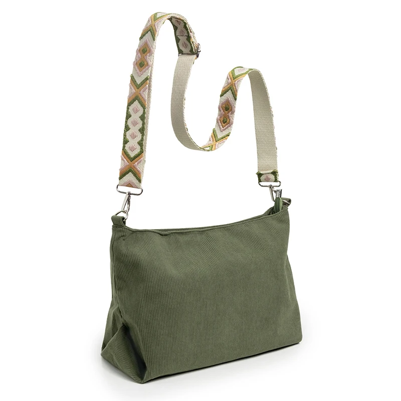 

Corduroy Crossbody Bag Bohemian Style Casual Daily Totes Bag Adjustable Patterned Strap Zipper Shoulder Bags