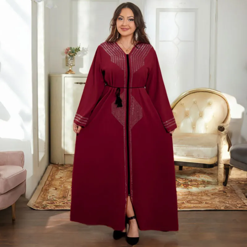 2024 Women Elegant Dress Dubai Party Outfits Long Sleeve Chiffon Rhinestones Muslim Women Robe Open African Abaya Clothing