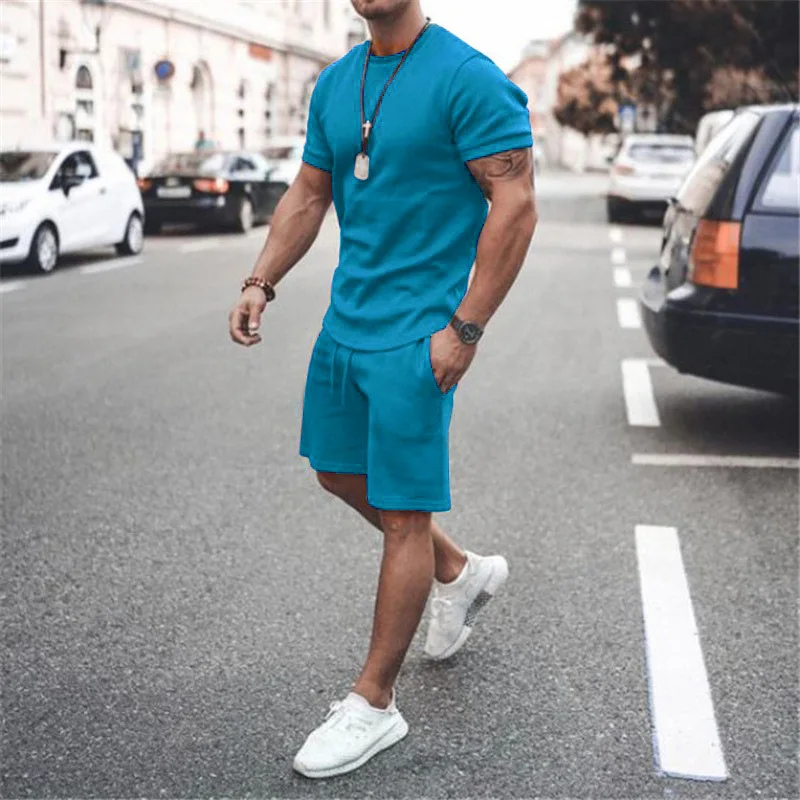 2023 Solid Color Europe And The United States Men\'s 13 Color Summer New Short Sleeve Shorts Leisure Sports Suit Men