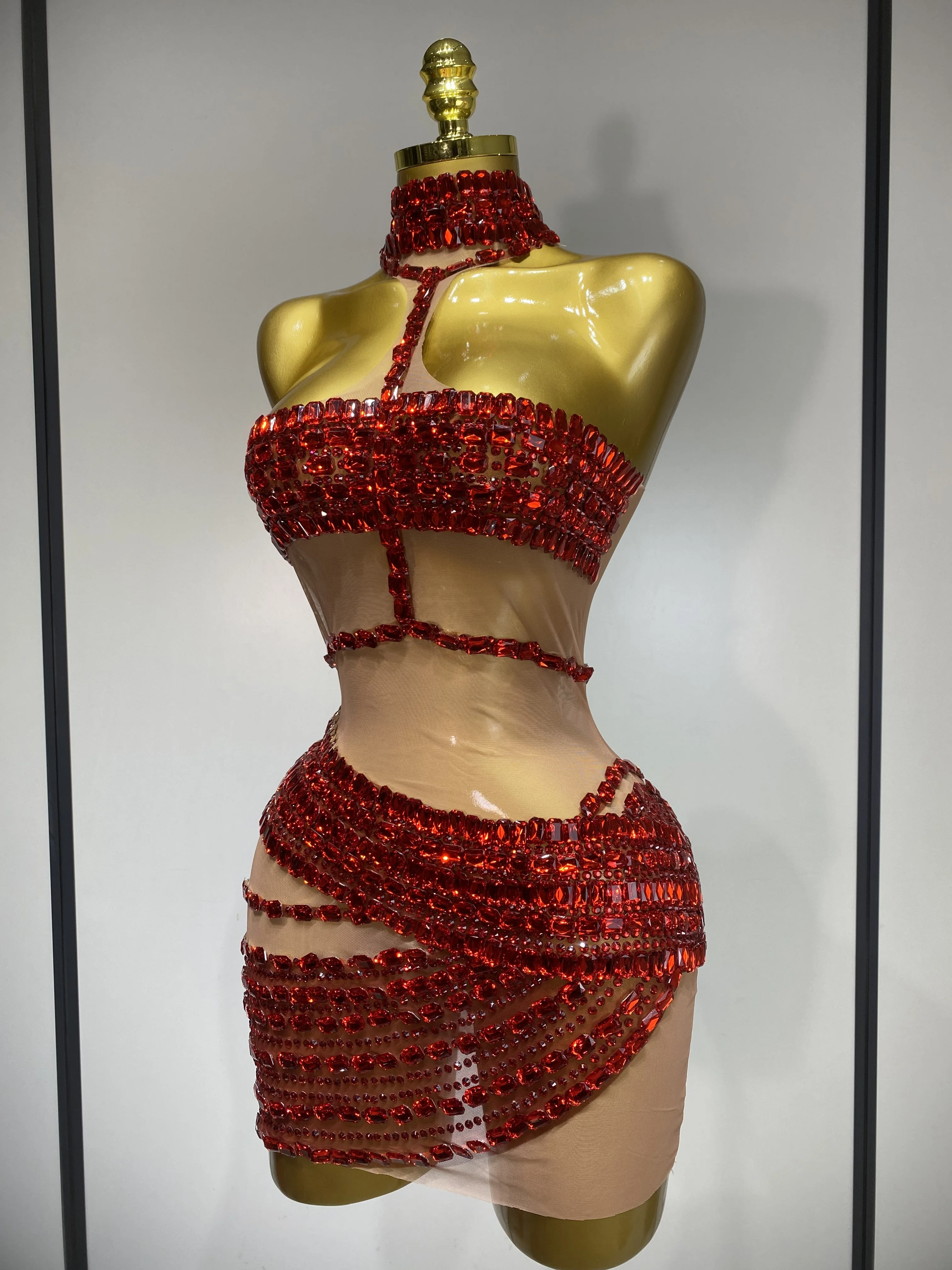 Sparkly Red Rhinestone Mini Dress Womer Sexy Mesh Birthday Wedding Party  Prom Gowns Drag Queen Costume Singer Stage Outfit - AliExpress 200000345