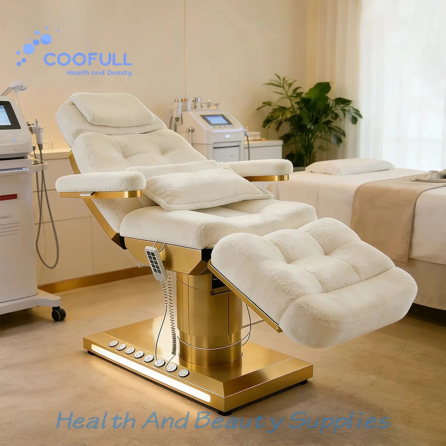 Coofull Manufacturer Modern Tufted Fabric Beauty Salon Massage Table Bed 4 Motors Electric Adjustable Facial Spa Bed