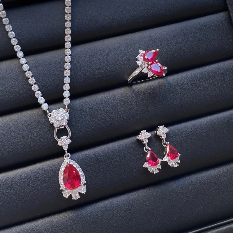Red Corundum Water Drop Shape Three-Piece Full Diamond Open Ring for Women Elegant Luxurious Pendant Earrings Set