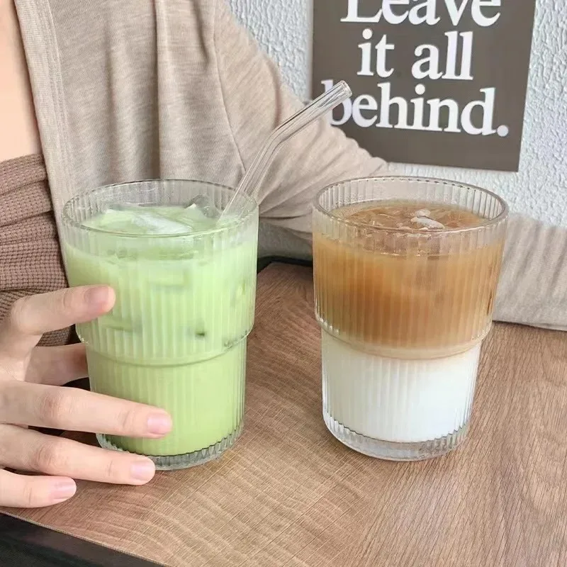 Net Red Wind Vertical Stripes Ins Coffee Glass Lid Straw Water Cup Good-looking Ice American Coffee Mug  Latte Milk Cup 450ml