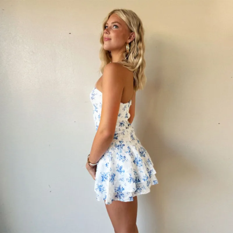 Elegant Blue Floral Print Strapless Short Dress Sexy Off Shoulder Casual Curvy Dresses Backless Holiday Vacation Spring 2025 New