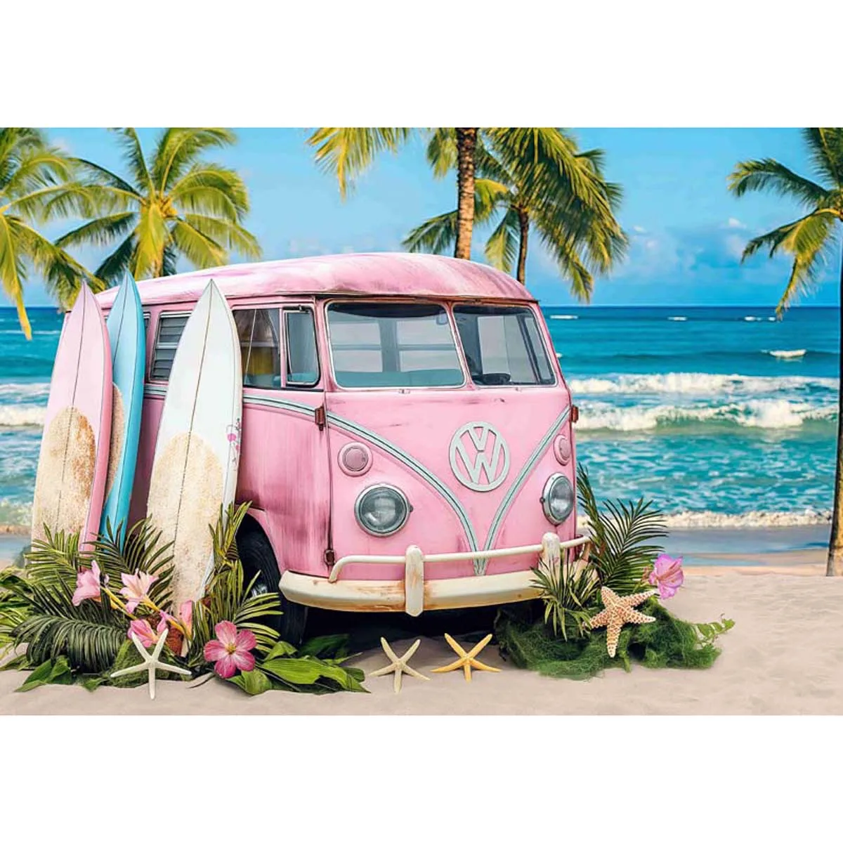 

Allenjoy Pink Vintage Hippie Bus Island Backdrop