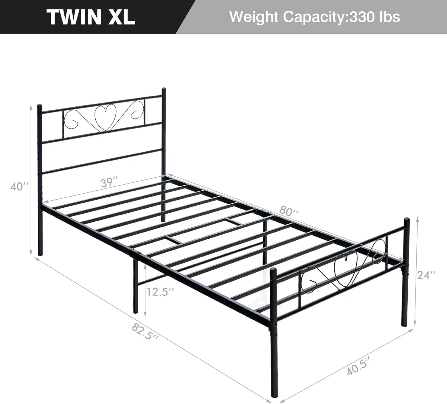 Twin XL Bed Frame, Metal Platform Bed with Heart-Shaped Headboard & Footboard, Mattress Foundation