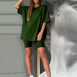 Sets For Women 2 Pieces 2024 Summer Elastic High Waist Shorts T-Shirt Tee Korean Outfit Casual Soft Slim New In Matching Sets