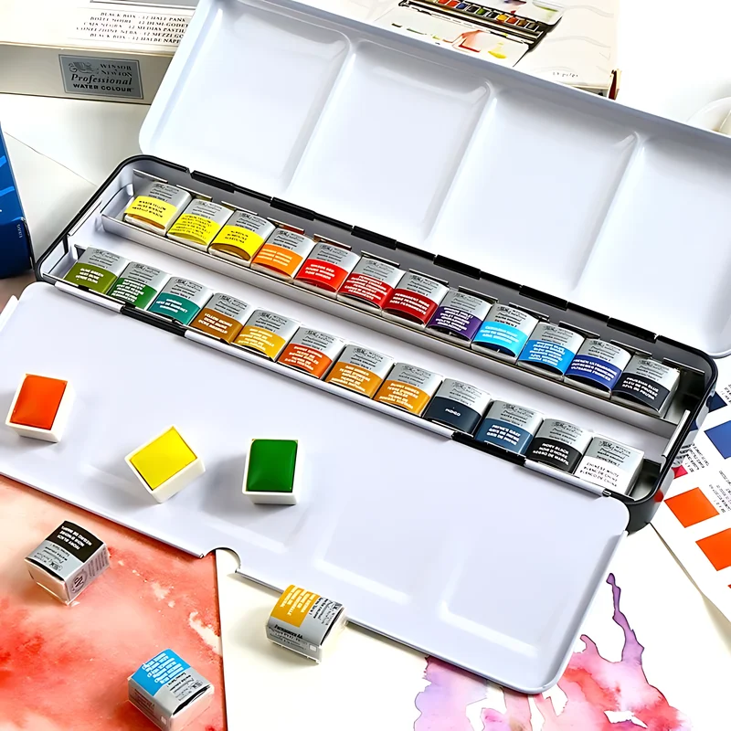 Winsor & Newton Cotman 고품질 수채화 페인트, 24 색 하프 팬 아티스트, 미술 학생 특별 스케치 페인트 세트