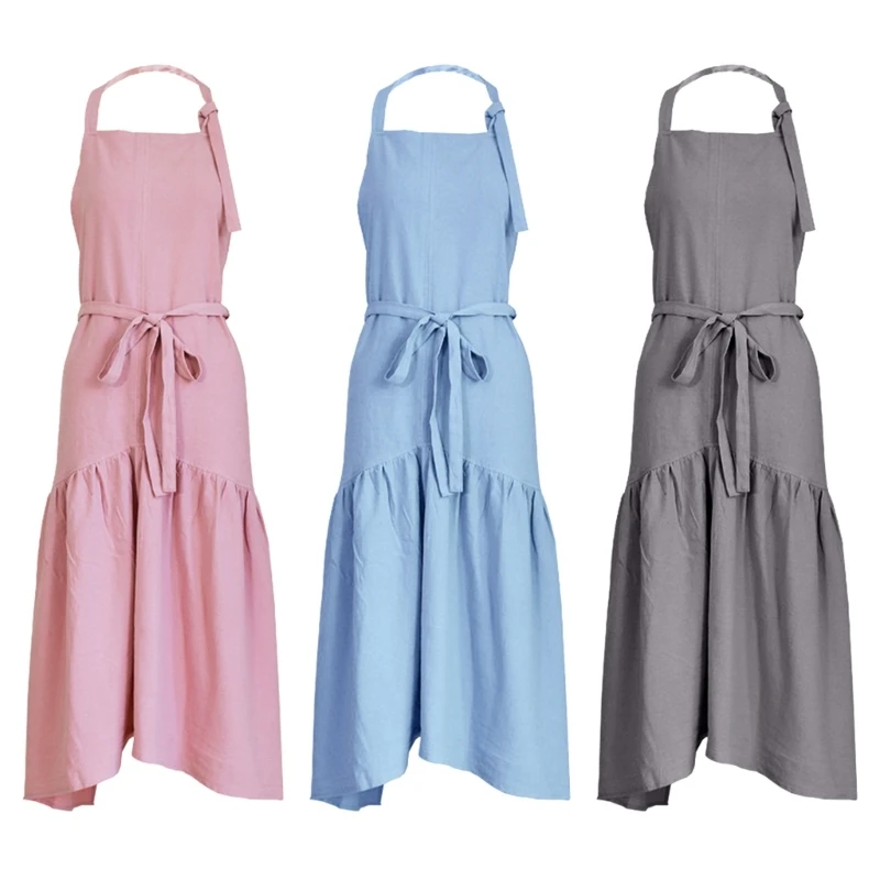 Cotton Linen Apron Pinafore Dress for Women Adjustable Casual Apron Kitchen Cooking Apron for Cafe Bakery Dropshipping