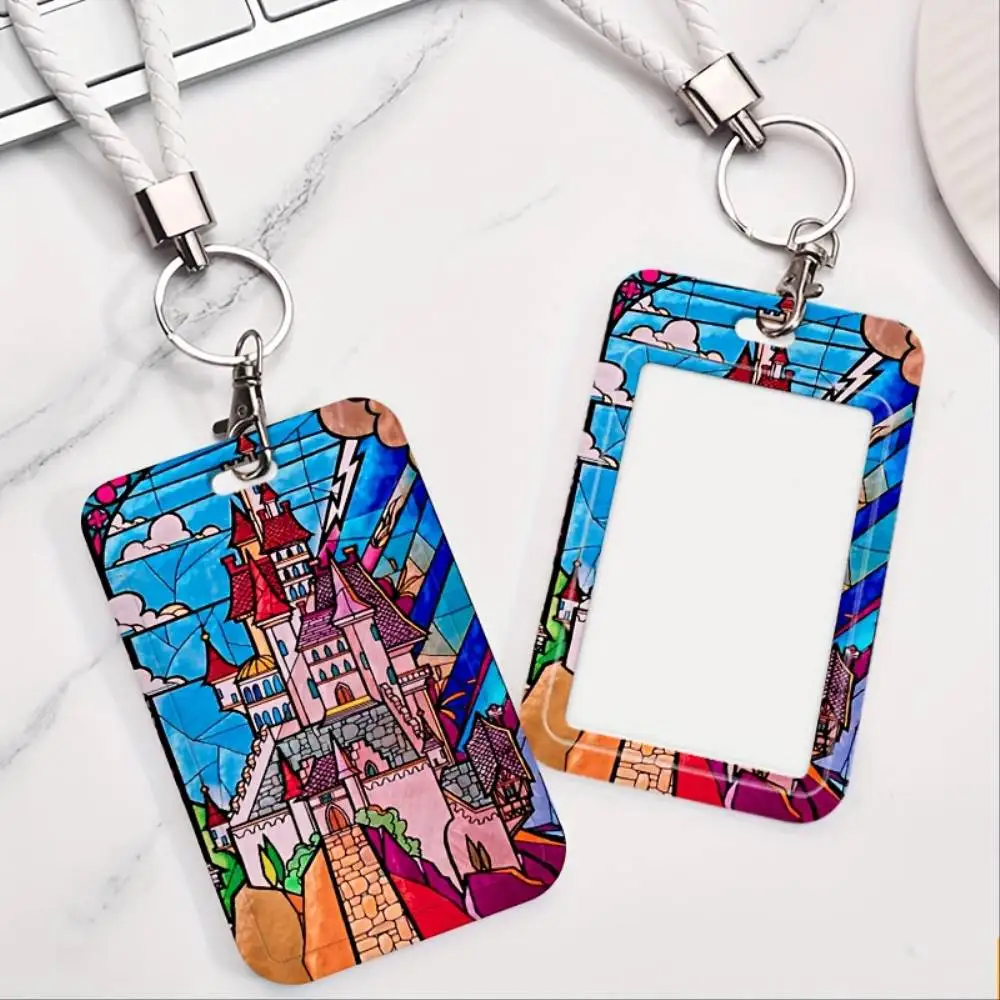 Stained Glass Castle ID Card Holder Plastic Card Case Stained Glass Window Design For Doctor Nurse Student Office Worker