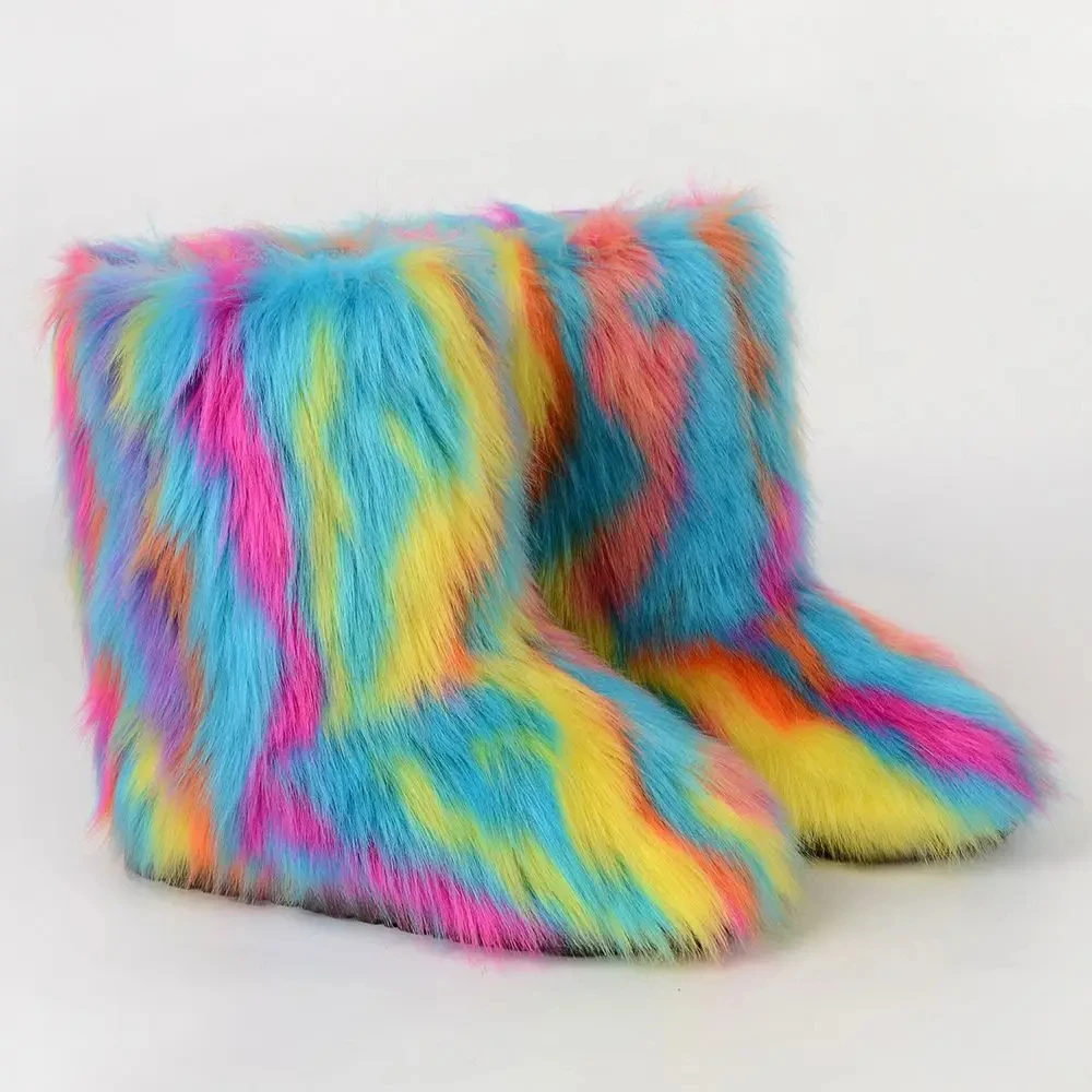 Botas fofas de pele de raposa para mulheres, botas de pelúcia quente, calçado peludo feminino, moda luxuosa, sapato de inverno