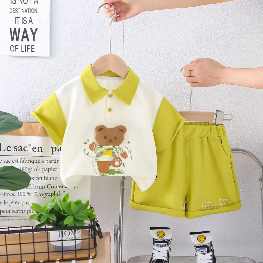 

Baby Boys Summer Sets Korean Style Cartoon Patchwork Turn-down Collar Cotton T-shirts+Shorts Toddler Outfits Children Clothing