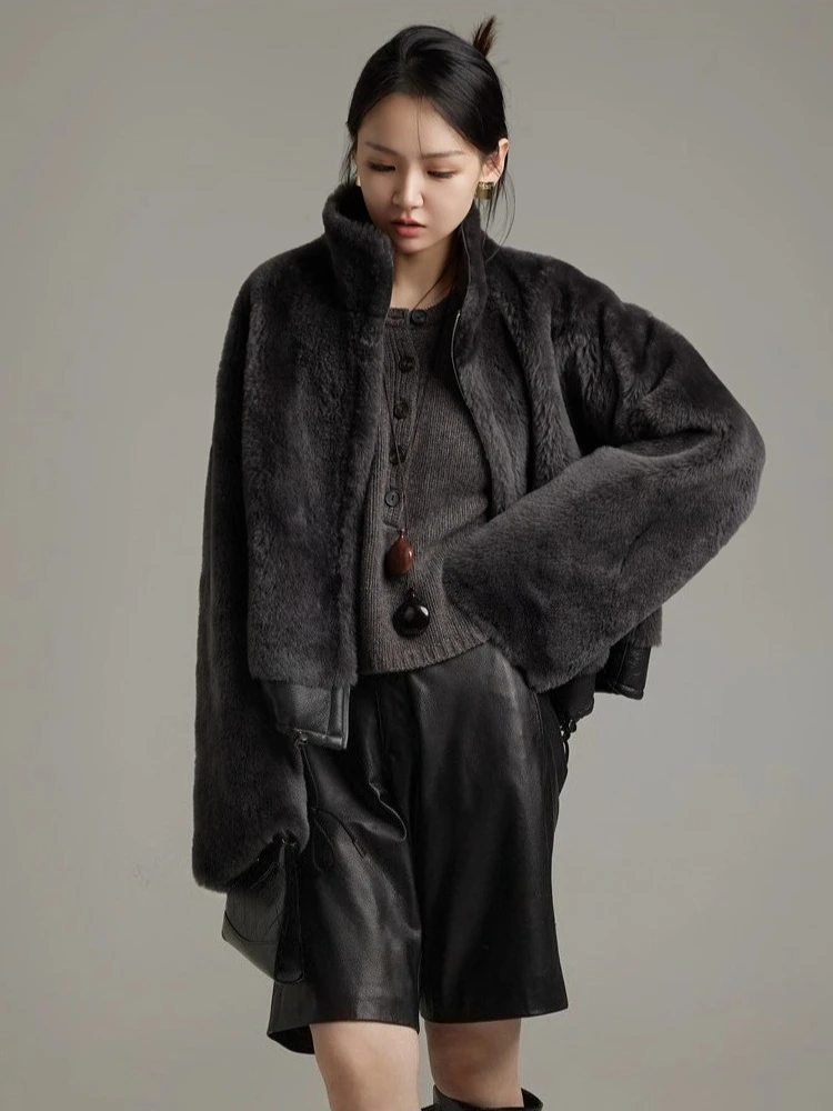 High-end Luxury Merino Sheep Fur Plush Jackets for Women Simple Stand Collar Casual Short Winter Genuine Leather Real Fur Coat