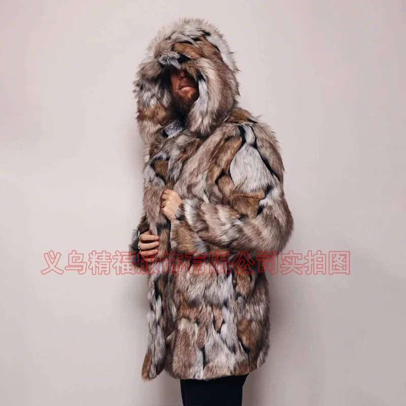 남성 인조 모피 재킷 코트 후드 중간 길이 오버코트 겨울 따뜻한 두꺼운 푹신한 샤기 빈티지 비즈니스 캐주얼 2025 겉옷