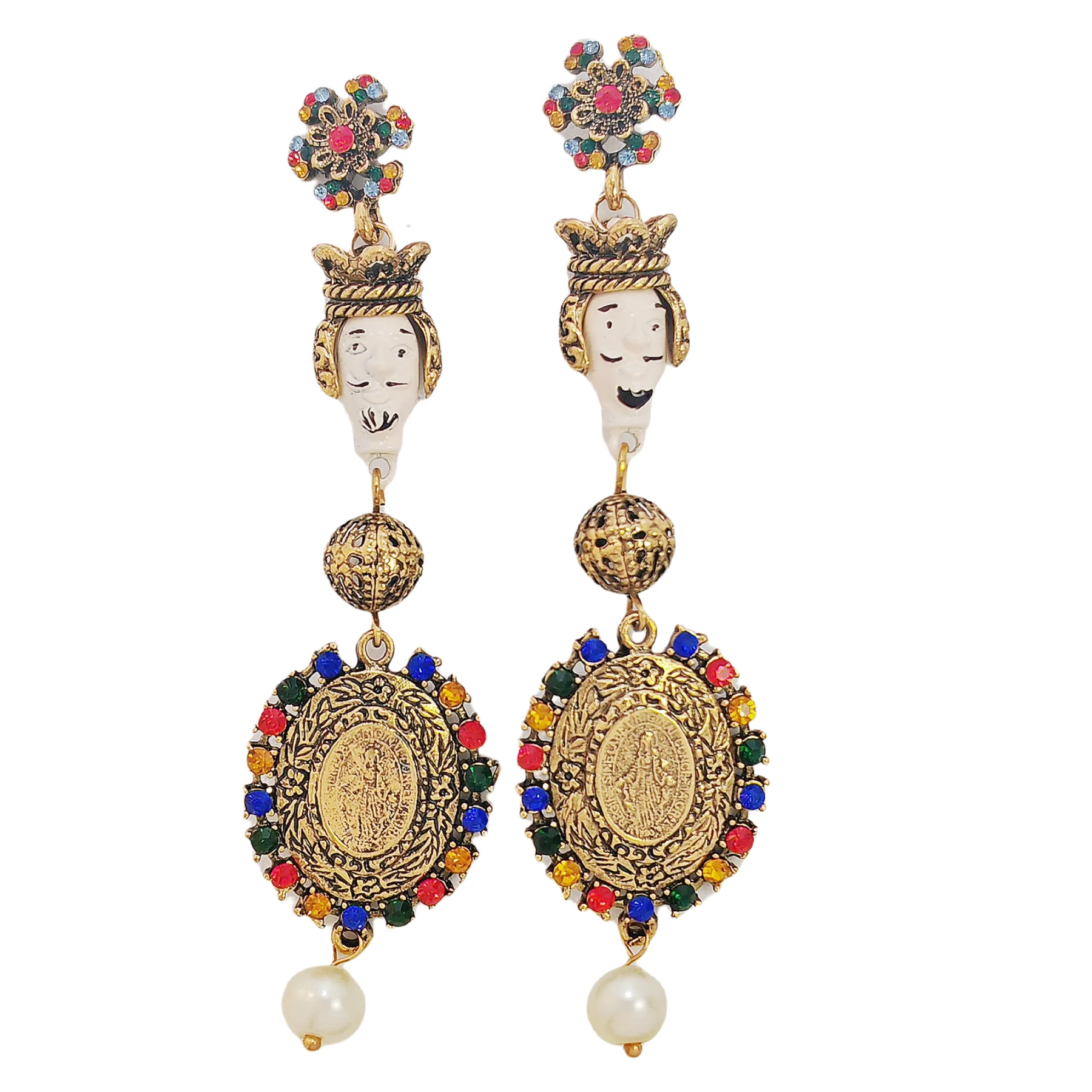 

Baroque Vintage Knight and Gold Medal Pearl Drop Earrings Statement Jewelry