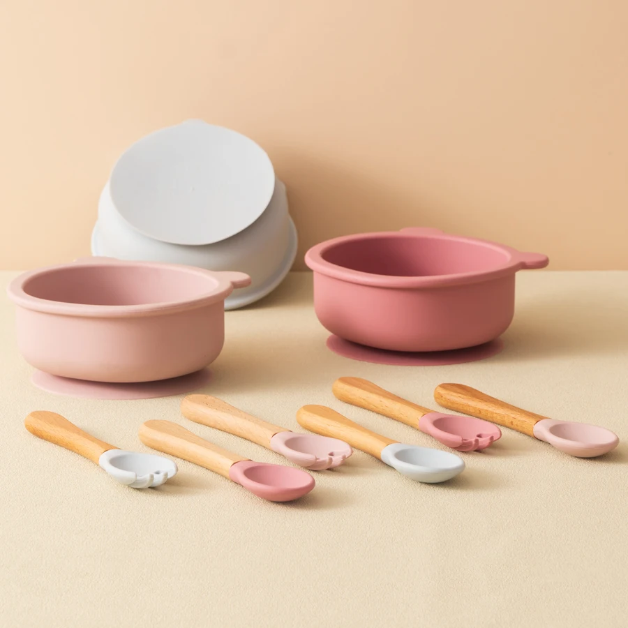 3PCS Baby Silicone Tableware Wooden Handle Spoon Fork Feeding Sucker Bowl Training Learning Baby Stuff Non-Slip Baby Dinner Set