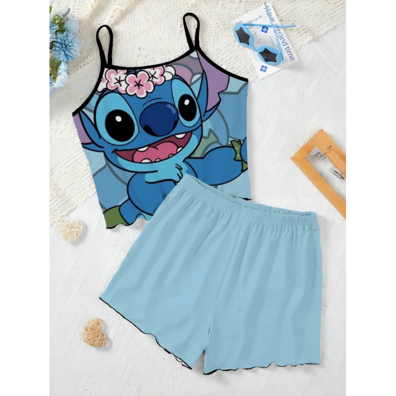 Camiseta de Mickey, falda de pijama, traje de mujer, vestido deslizante, Top de Disney, conjuntos cortos, Minnie Mouse, lechuga, piezas elegantes de Mickey de Disney