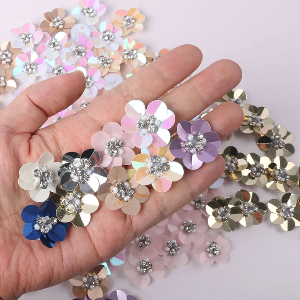 Crystal Rhinestone Flower Patches for Clothing Sew on Clothes Sequin Appliques Badge Stripes Fabric Sticker Apparel Accessories