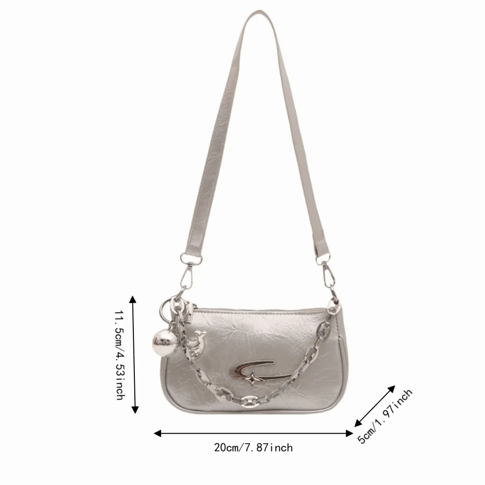 PU Y2K Shoulder Bag Metal Ball Pendant Pleated Design Metal Chain Hobo Handbag White Color Zipper Closure Underarm Bag Dating 6