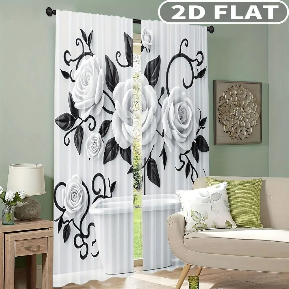 

2D FLAT 2pcs Curtains White Roses Black Vines Pattern Perfect for Balcony, Bedroom, Living Room, Suitable for 4 Seasons