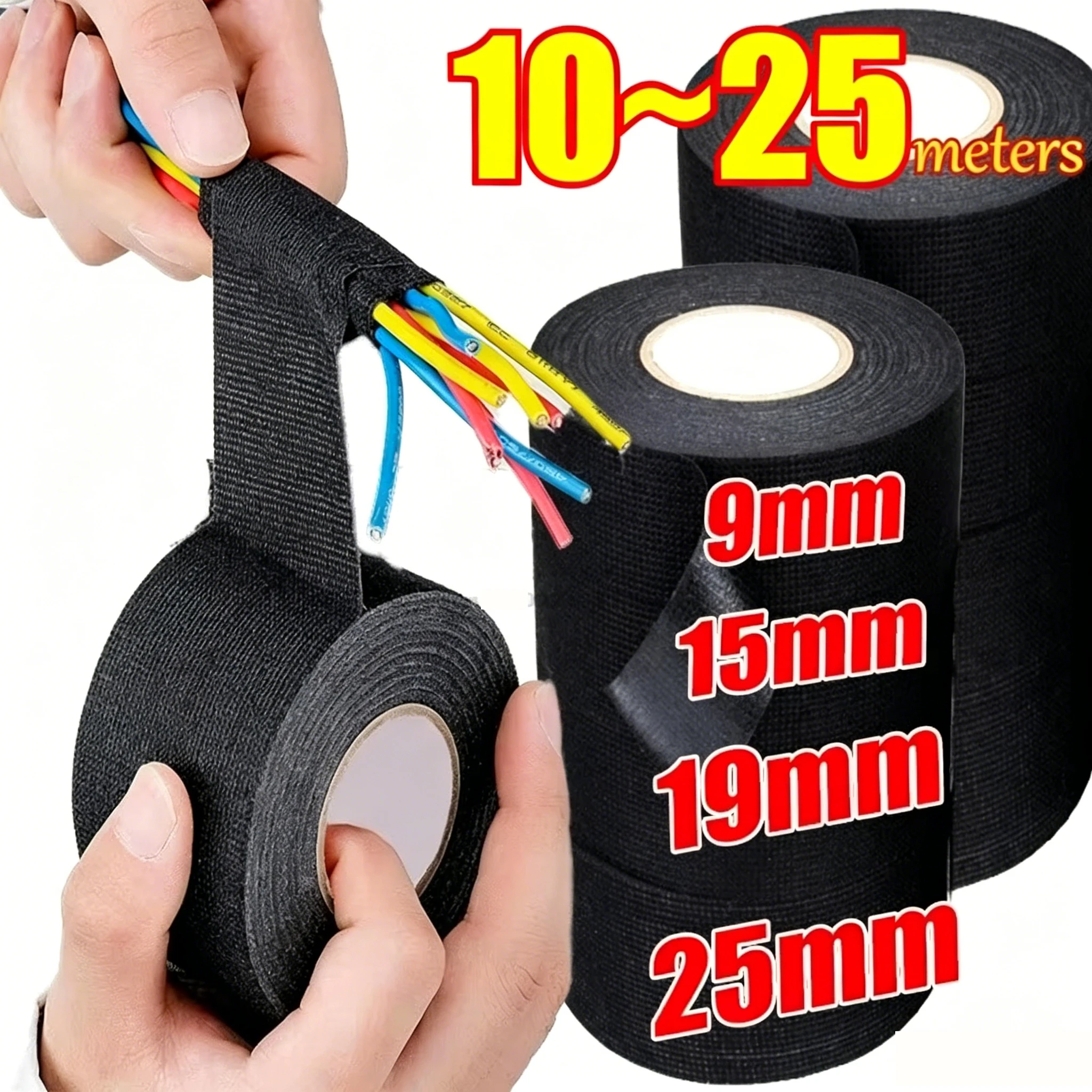 Black Color 1Roll Width 9/19/25MM Length 15M Wiring Harness Tape Strong Adhesive Cloth Fabric Flame Retardant Tape For Looms Car