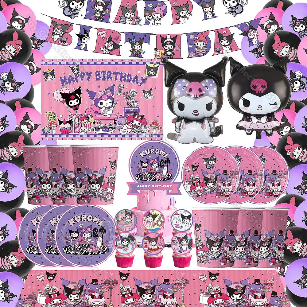 Kawali Kuromi Sanrio tema niños decoración de fiesta de cumpleaños vajilla de fiesta juego completo plato de papel DIY juguete para regalo