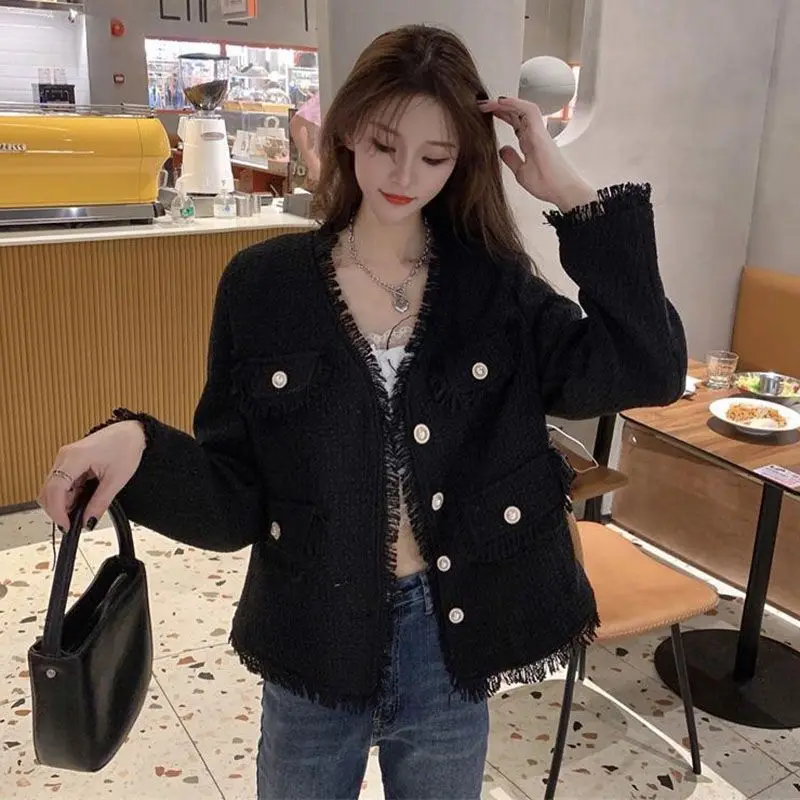 2024 Spring Autumn New Foul Words Fringe Jacket Women Outwear Fashion Loose Long-Sleeved V-Neck Single-Breasted Woolen Coat Tops