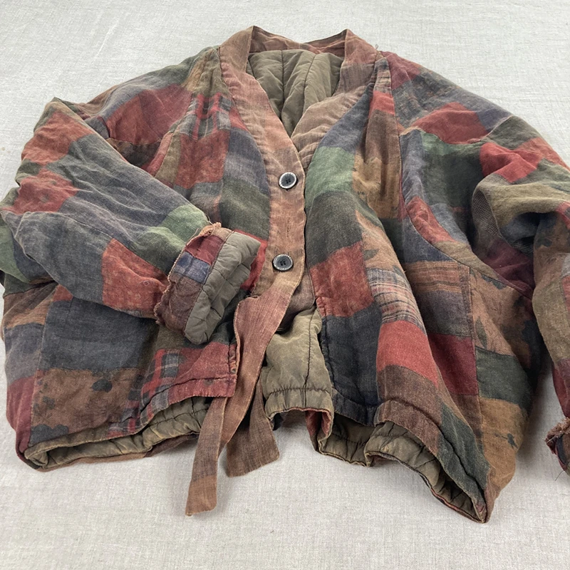 

2025 New Arrival Winter Women Single Breasted Long Sleeves Cotton Parkas Casual Loose Vintage Print Patchwork Warm Coats M258