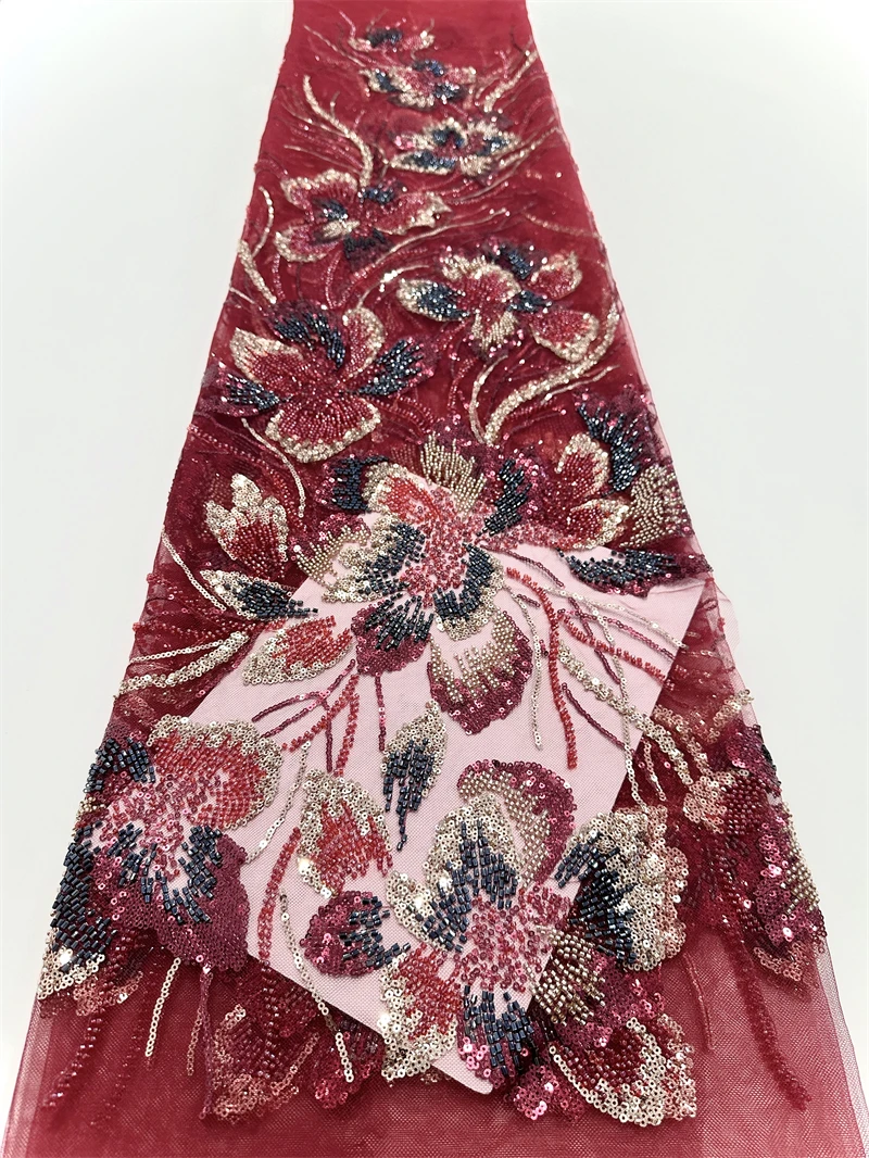 

African Lace Fabric 2025 Sequins Beaded Embroidery Groom Nigerian Bridal High Quality French Tulle Lace Fabric For Wedding