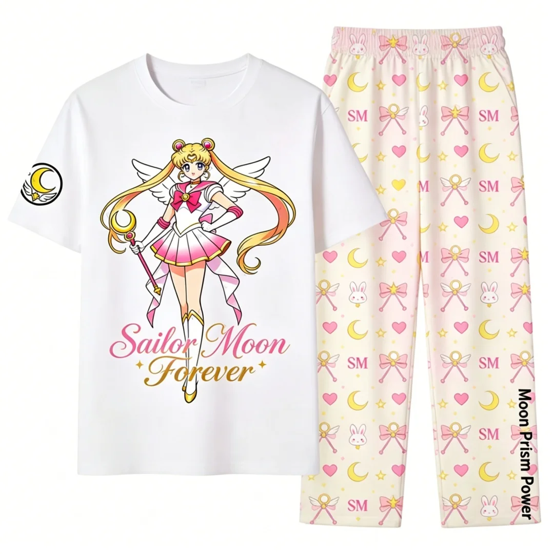 Sailor Moon Print Pajama Set For Women and Kids T Shirt and Pants Sleep Trousers Cute Moon Rabbit Bow Heart Print Loungewear Set