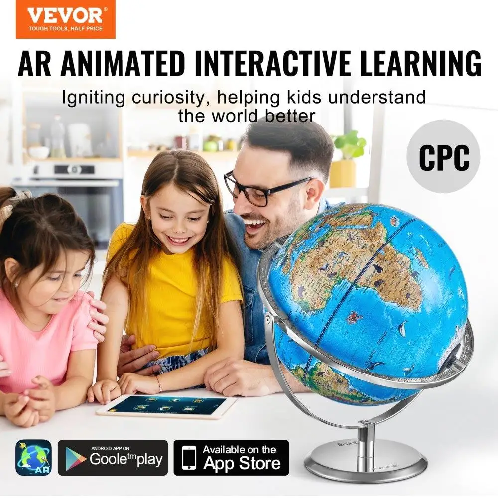 Interactive AR World Globe for kids 10 Inch Educational Globe with LED Night Light 720 Degree Rotation Compatible with Android